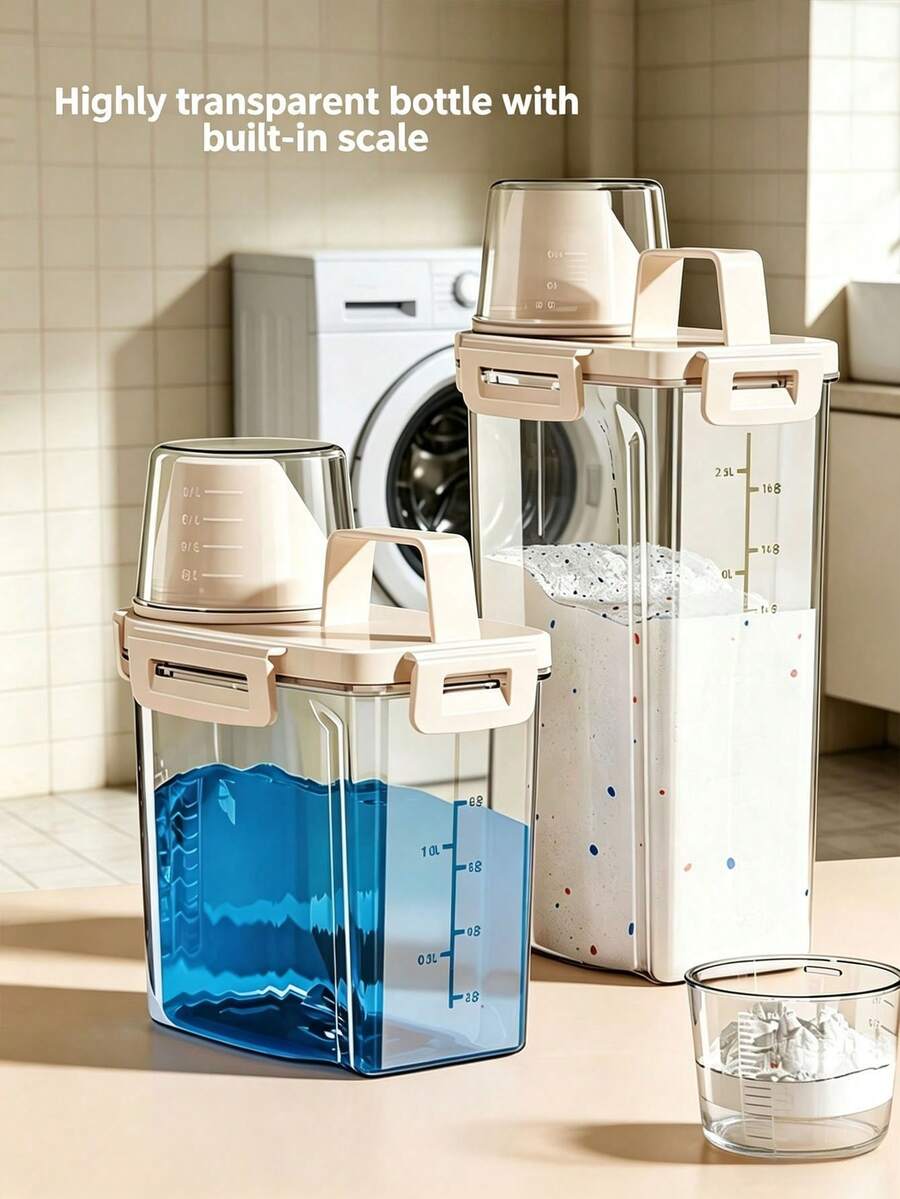 1pc Large Capacity Laundry Detergent Storage Bucket, Transparent Sealed Laundry Powder Storage Box With Measuring Cup And Funnel, Space-Saving Moisture-Proof Storage Container, Suitable For Laundry Beads, Bleach Granules, Bathroom Laundry Room Organization - Multiple Styles - View 1
