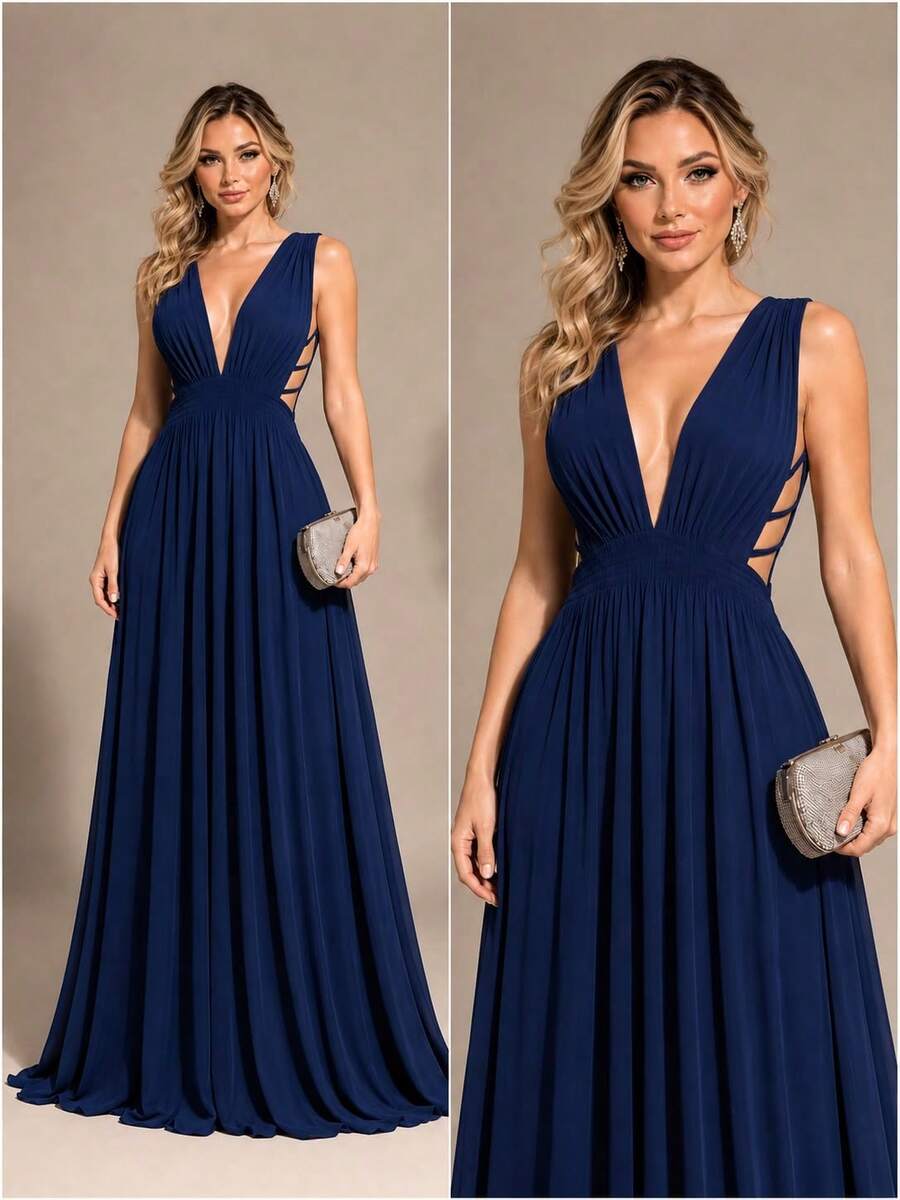 Cheap Bridesmaid Dress For Party Guests, Reception, Graduation, Without Shine, Open On The Side - Azul Marino - Ver 1