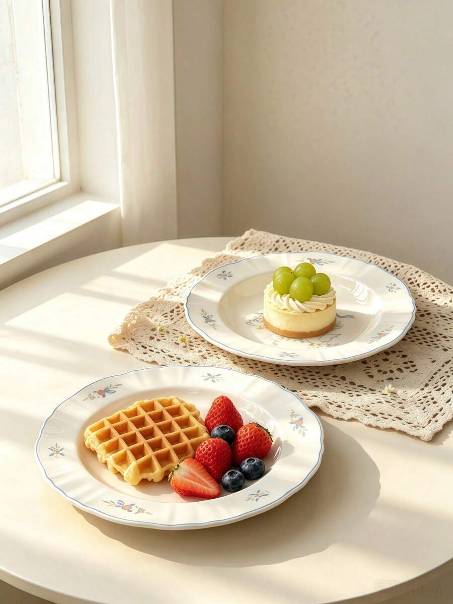 Pratos de Jantar de Cerâmica com Pequenas Flores Pintadas à Mão, Prato de Sobremesa de Porcelana com Borda Ondulada em Formato de Concha, Prato de Salada Vintage com Borda Azul, Utensílios de Mesa Estéticos para Café da Manhã, Bolo e Frutas, Decoração de Cozinha Cottagecore, Presente de Inauguração de Casa para Mulheres