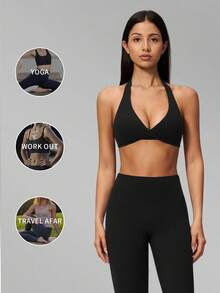 MFVIM 2pcs Set Neck-Hanging Backless Sports Bra & High-Waist Slimming Micro-Compression Peach Butt Cropped Yoga Pants For Women - Premium Black - View 6
