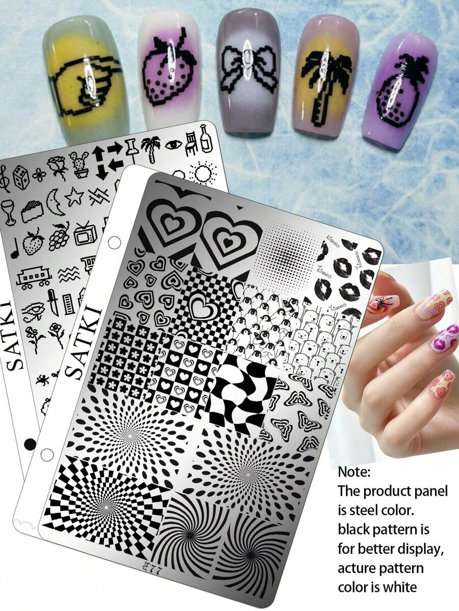 satki 1pc Nail Art Stamping Plate With Plaid Line Geometric Pattern, Ocean Style Mermaid DIY Nail Polish Transfer Tool, Suitable For Nail Salon Nail Supplies, Nail Tools, Suitable For Artificial Nails