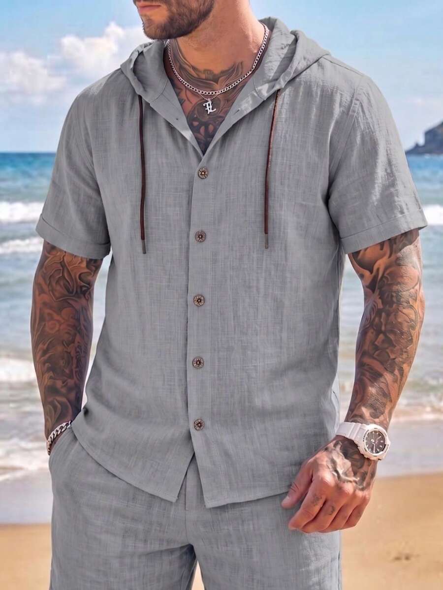 Men's Slim Fit Linen Blend Button-Up Hooded Shirt, Summer Vacation Style - Grey - View 1