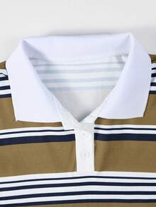 1pc Tween Boys Minimalist Preppy Striped Long Sleeve Loose Fit Polo Shirt - Multicolor - View 3