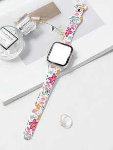 1pc Fashionable Colorful Floral Silicone Watch Band, Compatible With Apple Watch 38/40/41/42/44/45/49mm (S10 42mm) (S10 46mm), Soft Silicone Sports Watch Band Compatible With Apple Watch Ultra 2 S10 11 SE 9 8 7 SE 6 5 4 3 2 1 Series, Suitable For Various Outfits, Daily Wear And Holiday Decoration, For Women - White - View 3
