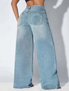 Low Waist Loose Casual Blue Diagonal Pocket Curved Hem Women's Denim Shorts Fall - Dusty Blue - View 5