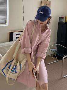 New Spring/Autumn Women's Clothing Simple Elegant Loose Versatile Mid-Length Long Sleeve Shirt - Pink - View 1