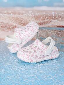 1 par de zuecos cómodos y de moda casual para niñas con estampado de lazo, versátiles para interior/exterior y playa, con protección de dedos - Blanco - Ver 6