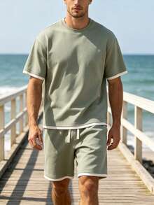 Koord T-Shirt Pria Kolor Kantong Contrast Binding Plain Casual - Hijau Tentara - View 6