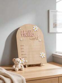 Tablero de anuncio de nacimiento de madera moldeada de una sola pieza, decorado con crisantemo "Hola Mundo", incluye sección de información de nacimiento, pancarta de madera arqueada con nombre del recién nacido, accesorios de fotografía para recién nacidos, decoración de recuerdo para bebé, adecuado como regalo de baby shower, regalo de Pascua para niños y niñas - Multicolor - Ver 1