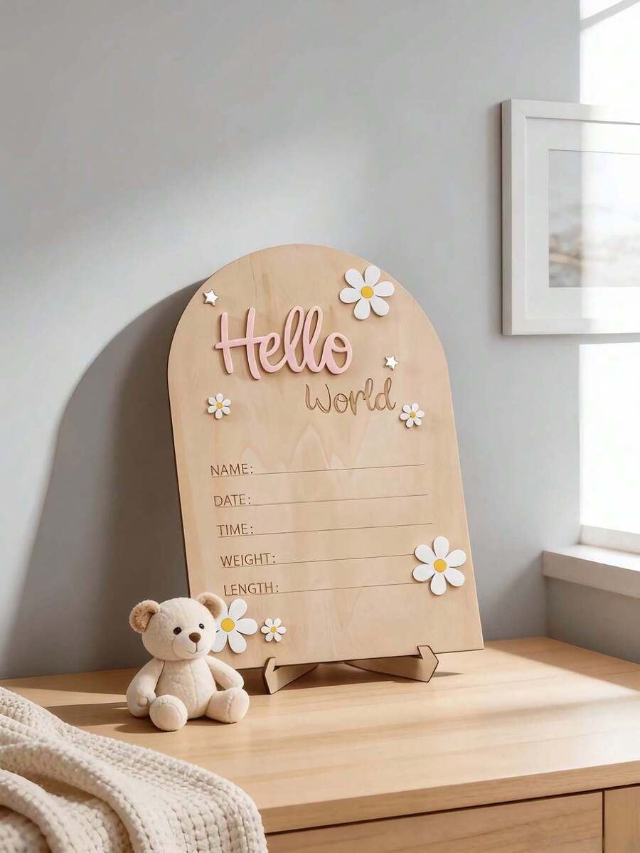 Tablero de anuncio de nacimiento de madera moldeada de una sola pieza, decorado con crisantemo "Hola Mundo", incluye sección de información de nacimiento, pancarta de madera arqueada con nombre del recién nacido, accesorios de fotografía para recién nacidos, decoración de recuerdo para bebé, adecuado como regalo de baby shower, regalo de Pascua para niños y niñas - Multicolor - Ver 1