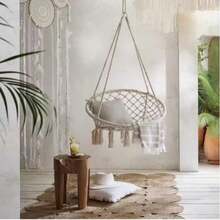 Boho Style Rope Hammock With Ruffle Tassels, Creamy Black Colours, For Indoor And Outdoor Use, Ideal For Bedroom, Balcony, Garden And Terrace, With Soft Cushion - A - View 7