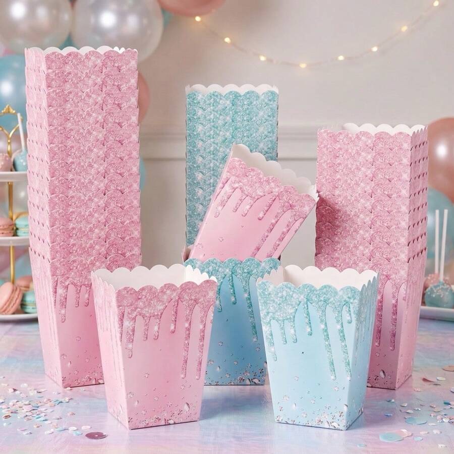 10/20/40Pcs,Pink Blue Glitter Drip Popcorn Treat Boxes, Disposable Paper Snack Favor Boxes, Dripping Icing Pattern Favor Containers Party Favor Supplies For Gender Reveal, BabyShower, Birthday & Wedding Celebrations - View 1