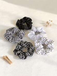 5pcs Vintage Brown Hair Scrunchies Set, Polka Dot & Plaid Print Hairbands, Essential For Daily Styling - Black - View 2