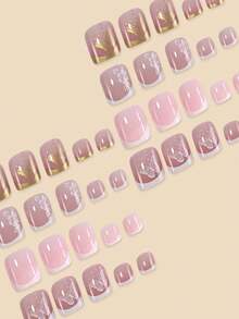 Random Color 24pcs French Style Press-On Toe Nails, 12 Sizes, Full Coverage, Square Short Shape, Floral & Butterfly Pattern, Summer Nail Art Set, Suitable For Festivals, Parties, Dates And Daily Wear - Multicolor - View 5