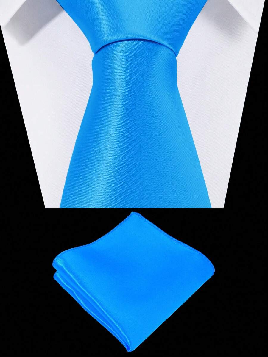 1 Set Men's Solid Color 8cm Necktie & Pocket Square Set, Satin Tie & Handkerchief Set, Business Necktie & Pocket Square,Festival,Graduation Gift - Lake Blue - View 1