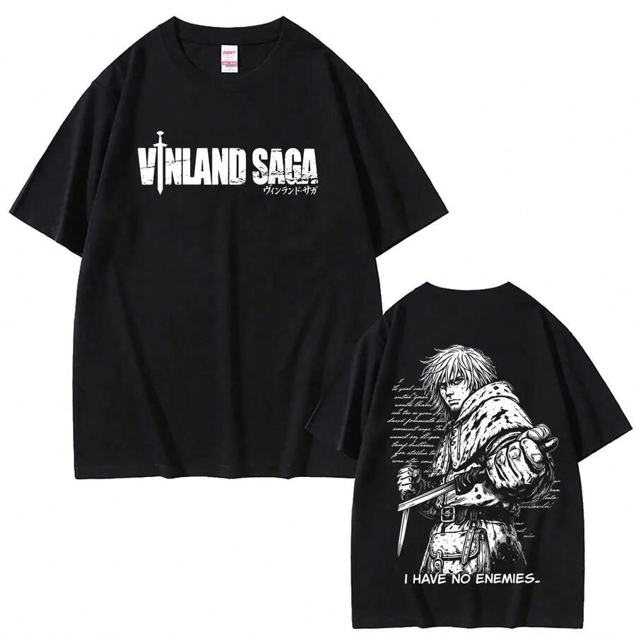 Anime T-Shirt Vinland Saga Thorfinn für Damen und Herren, Vintage 90er Jahre Oversize T-Shirt mit kurzen Ärmeln, hochwertiges Baumwoll-T-Shirt für Herren. - Schwarz - Übersicht 1