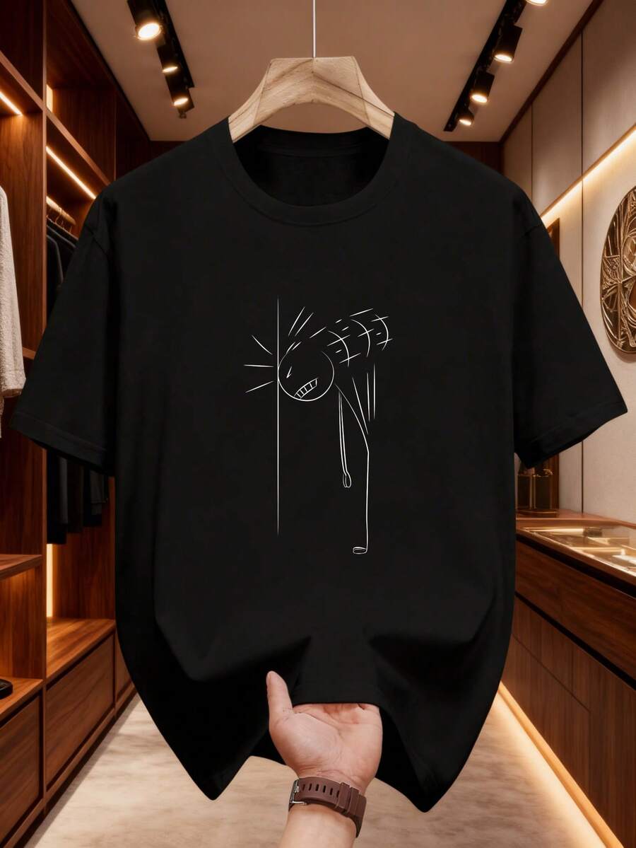 New High-Quality Men's T-Shirt - 100% Pure Cotton, Comfortable And Breathable, Abstract Line Art Design, European And American Style - Black - View 1