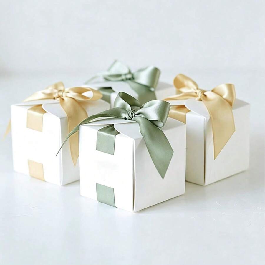 50pcs Square Blank Gift Boxes, White Color Boxes With Ribbon, Elegant Gift Boxes For Wedding, Birthday, Valentine's Day, Party Favors, Easy Assembly, Box Size: 6.5cm*6.5cm*6.5cm