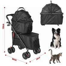 Foldable 2-In-1 Pet Stroller For Cats & Small Dogs – Lightweight 4-Wheel Trolley With Adjustable Canopy, Breathable Mesh Panels, Storage Compartment & Included Carry Bag – Compact Design For Walks, Travel & Outdoor Adventures (Black) - 單層附收納籃 - 查看 10