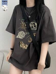 女款時尚春夏寬鬆圓領休閒百搭卡通字母星空印花短袖T恤 - 深灰色 - 查看 2