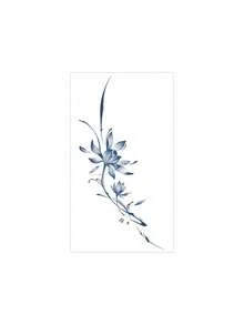 1pc Chinese Style Blue Ink Wash Double Lotus Slim Vertical Strip Temporary Tattoo Sticker, Realistic Fake Tattoo Design, Suitable For Daily Bachelorette Party Favors, Music Festivals, Gaming, Graduation Gifts, Lasts 3-5 Days - Blue - View 4
