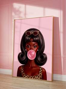 1pc Frameless Y2K Leopard Bubblegum Girl Pop Art Poster, Funky Retro Room Decor For Dorm, Bedroom, Party Gift - Leopard Print - View 1