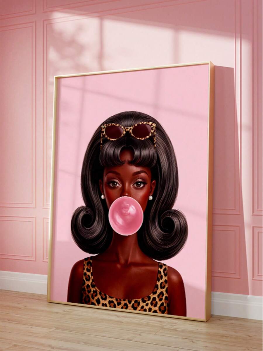 1pc Frameless Y2K Leopard Bubblegum Girl Pop Art Poster, Funky Retro Room Decor For Dorm, Bedroom, Party Gift - Leopard Print - View 1
