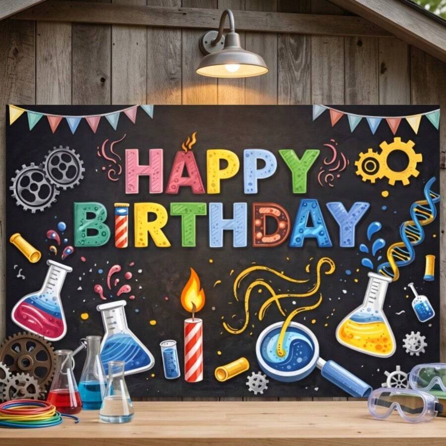 2d Plane Science Theme Birthday Party Banner Background, Chemical Experiment Theme, Including Conical Flask Magnifying Glass Gear, Birthday Banner Background Of Various Experimental Instruments. - 1 - View 1