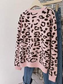 Women's Leopard Print Cardigan Sweater With Button Front, Loose Long Sleeve Knit Top Suitable For Autumn/Winter Outings, Weekends And Holidays - Pink - View 9