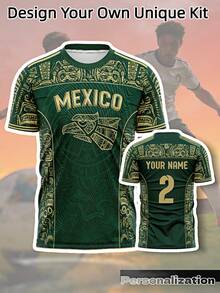 客製化墨西哥鷹足球球衣，復古全印花深綠色短袖，大號 MEXICO 字樣印花，2026 足球賽事運動夏季款 - 墨綠色 - 查看 1