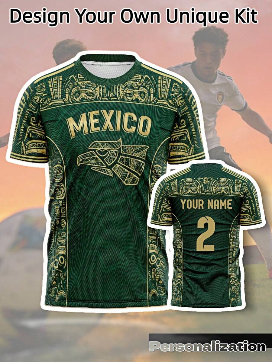 客製化墨西哥鷹足球球衣,復古全印花深綠色短袖,大號 MEXICO 字樣印花,2026 足球賽事運動夏季款 - 墨綠色 - 查看 1