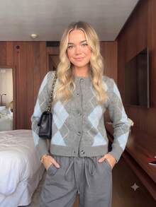 MORI Cardigan Wanita Musim Gugur/Musim Dingin Y2K Abu-abu Biru Lembut Pola Argyle Leher Bulat Lengan Panjang Sweater Rajut Atasan Cardigan Gaya Streetwear Estetik - MultiWarna - View 4