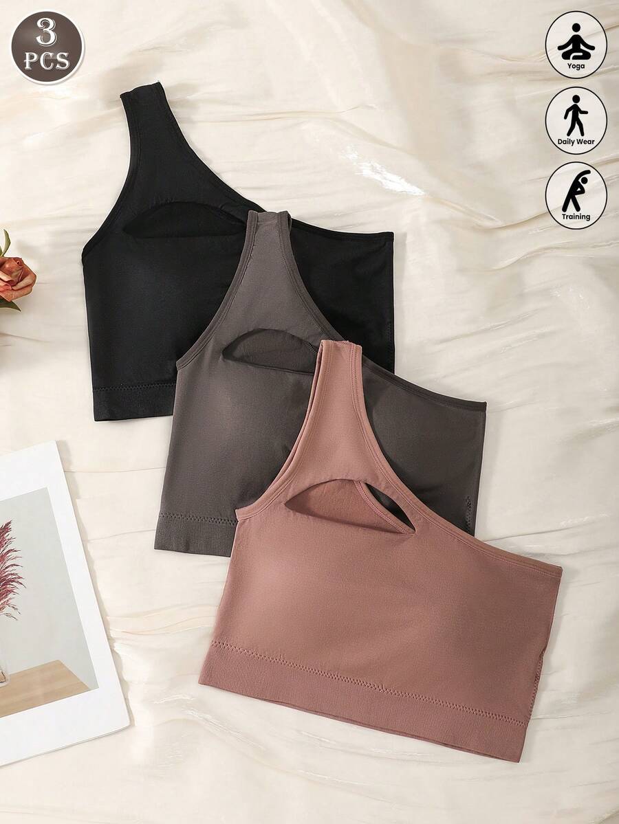 3 piezas Sujetador deportivo transpirable de un solo hombro, bralette sin costuras para yoga y pilates - Multicolor - Ver 1