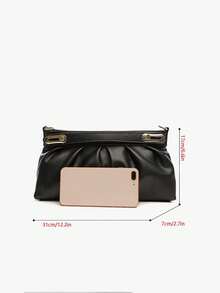 Black Ruched PU Handbag, Minimalist Elegant Design With Gold Hardware, Hand-Carry And Crossbody, Versatile Textured Women's Bag For Commute And Daily Wear, Cloud Bag - Black - View 6