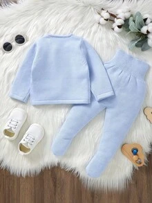 Newborn Sweater Set Solid Color Cable Knit Outfit Baby Round Neck Cardigan Sweater + Leggings 2 Pieces Set Baby Daily Outing Worry-Free Outfit - Baby Blue - View 5
