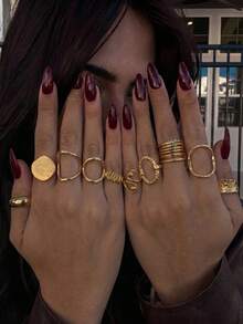 10pcs Vintage Gold Stackable Ring Set, Irregular Hollow Geometric Open Adjustable Band Rings, Minimalist Chunky Metal Finger Jewelry For Women - Gold - View 5