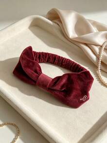 L'Occitane Burgundy Velvet Large Bow Embroidered Logo Wide Headband, Non-Slip Face Wash Headband, Vintage French Elegant Women's Hairband LOCCITANE-GIFT-49 - Red - View 2