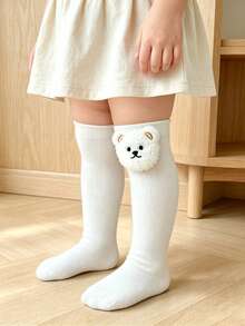 3/1 Pair Cute Panda Decor Solid Color Mid-Calf Socks For Baby Girls, All-Season Versatile Long Socks For Daily Wear - Multicolor - View 16