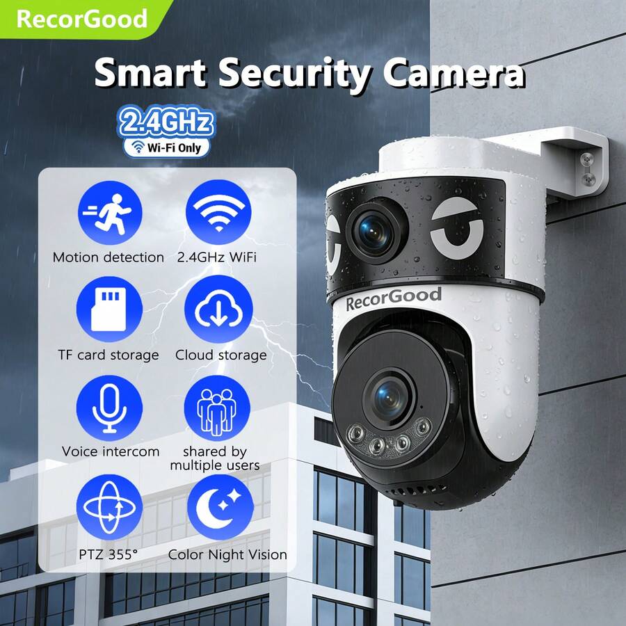 RecorGood 1 pieza Cámara de WiFi 360°, Cámara impermeable para interiores/exteriores, Audio bidireccional, Seguimiento automático inteligente con IA, Adecuada para patio, puerta principal, patio trasero, tienda y varias escenas - Blanco - Ver 1