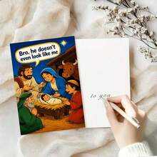 1 Greeting Card + 1 Envelope Funny Humorous Holiday Greeting Card, Cartoon Scene Bro He Doesnt Even Look Like Me, Best For Friends, Winter Festive Vibrant Style. - View 3