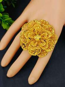 1pc Fashion Women's Gold Flower Ring, Index Finger Ring, European & Middle Eastern Dubai African Bride Wedding Party Dress Accessory, Bohemian Style, Adjustable Size Hand Jewelry - Yellow Gold - View 2