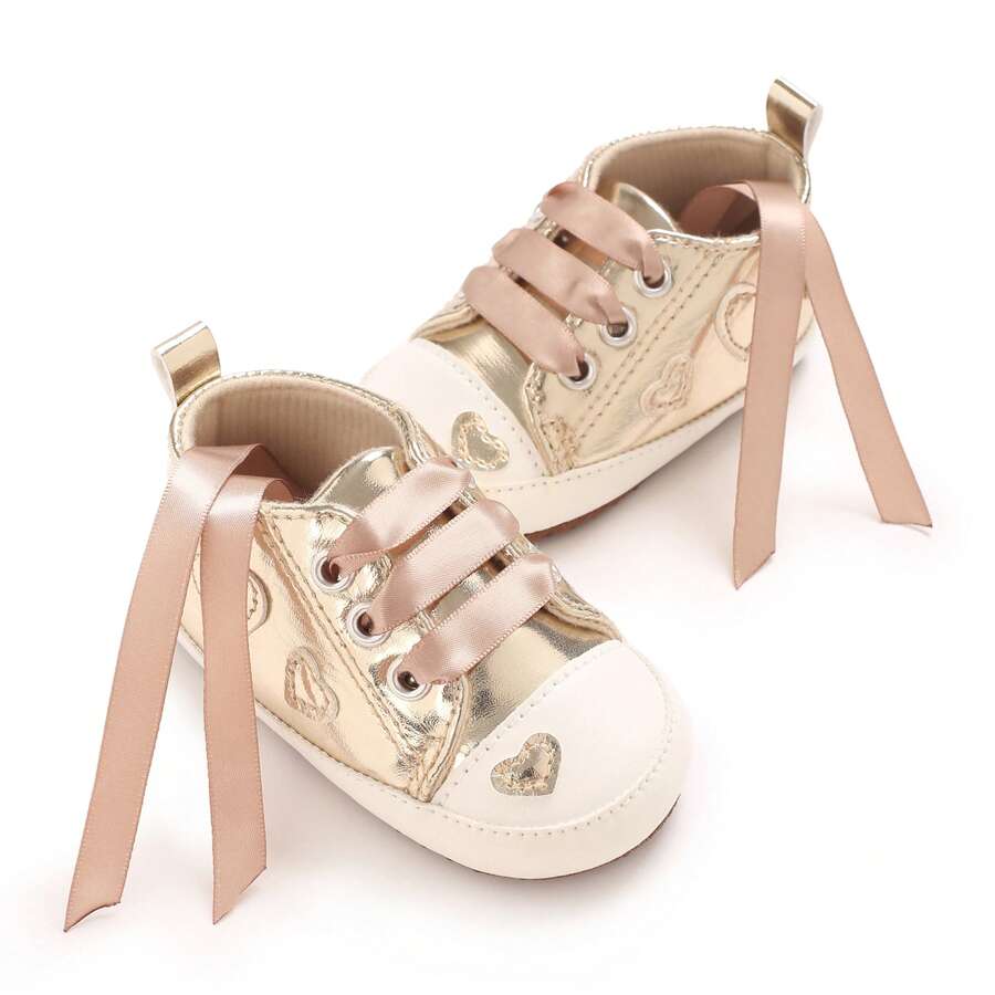 Soft Ribbon Infant Casual Shoes, Shiny Patent Leather Heart Soft Sole Non-Slip Heel Infant Girl Baptism Shoes - Gold - View 1
