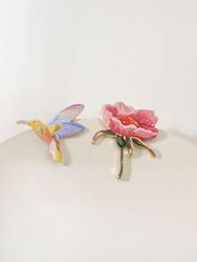1 Pasang Anting Tusuk Motif Lebah & Peony Berwarna Gradien, Bunga dan Burung dari Enamel, Desain Unik dan Istimewa, Anting untuk Komuter dengan Suasana Menawan (Pola Acak) - MultiWarna - View 6