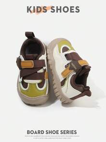 1 Pair Toddler Colorblock Patchwork Round Toe Double Hook & Loop Flat Retro Casual Sneakers For Daily Wear [Select By Actual CM Inner Length] - Khaki - View 1