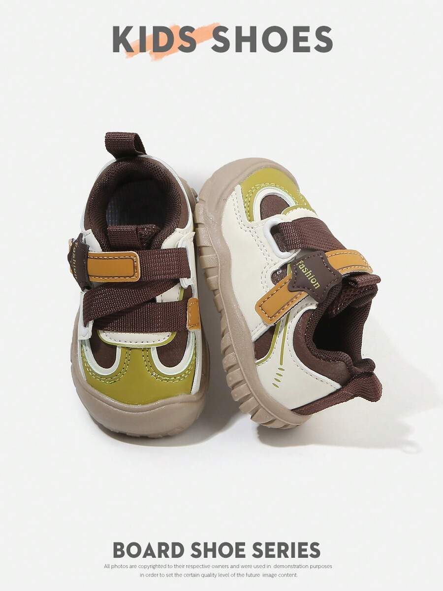 1 Pair Toddler Colorblock Patchwork Round Toe Double Hook & Loop Flat Retro Casual Sneakers For Daily Wear [Select By Actual CM Inner Length] - Khaki - View 1