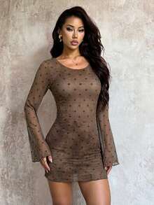 Women's Autumn Backless Long Sleeve Flocked Polka Dot Mini Dress, Back To School, Party, Holiday - Brown - View 3