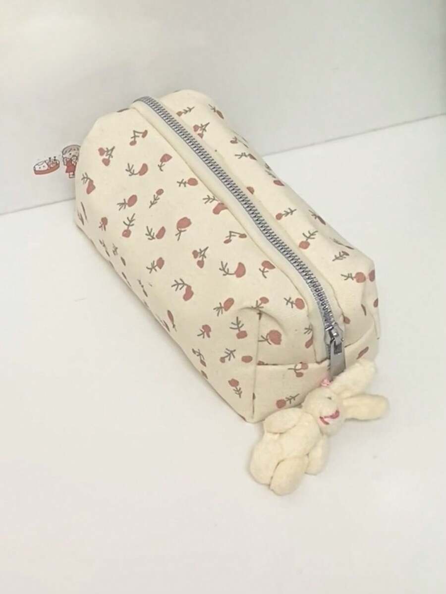 Canvas Pencil Case, Fresh Floral Pattern, Large Capacity Stationery Storage, With Zipper, Suitable For Students And Desk Organization, First Day Of School