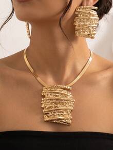 2 Sets Gold Layered Textured Pendant Earrings Set, Vintage Luxury Style, Snake Chain + Asymmetrical Metal Texture Large Earrings, Elegant Versatile Women's Accessories Suitable For Party, Runway, Commute And More - Yellow Gold - View 1