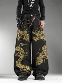 男士黑色牛仔褲，前後龍圖騰刺繡，復古香港街頭風，四季百搭寬腿褲（不含腰帶與配件） - 黑色 - 查看 4