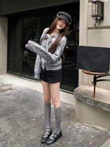 Elegant Niche Bowknot Grey Polka Dot Knit Cardigan Sweater For Women, Can Be Worn Alone Fall - Grey - View 6